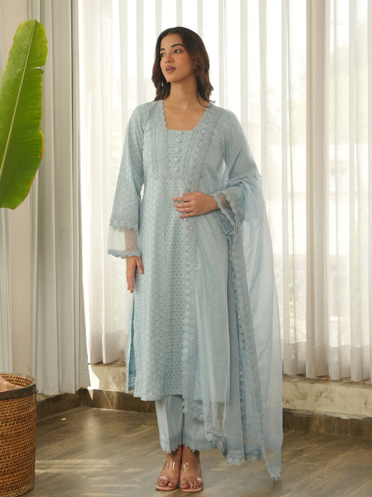 Powder Blue Schiffli Cotton Kurta Set with Pants & Organza Dupatta