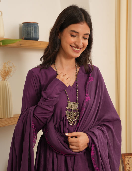 Venesa Purple Chanderi Aari Embriodered Suit Set