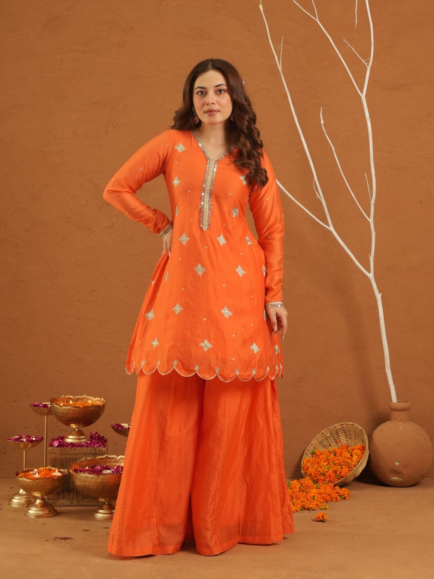 Adaayein Orange Chanderi Zari Sharara Set