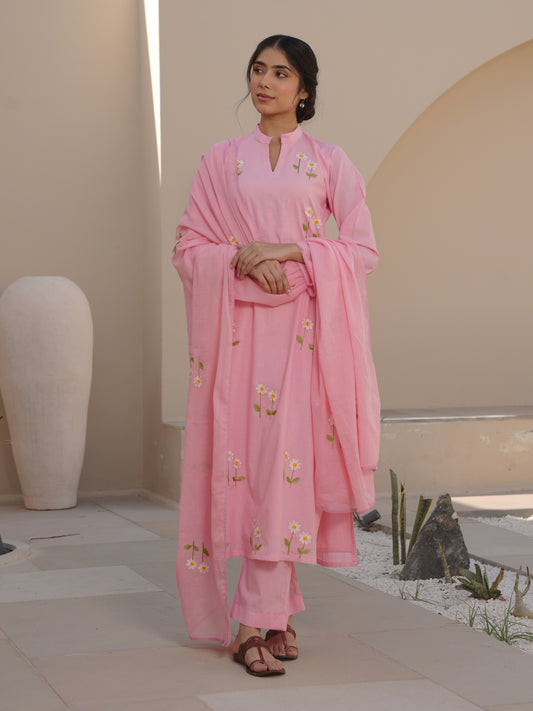 PEONY PINK COTTON FLORAL EMBROIDERED SUIT SET