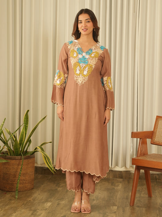 Mocha Brown Muslin Kurta Set with Pants