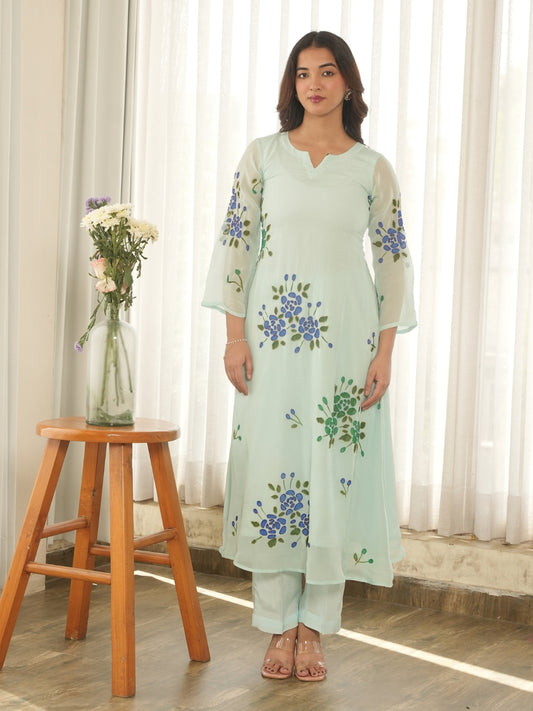 Mint Blossom Handpainted Organza Suit Set