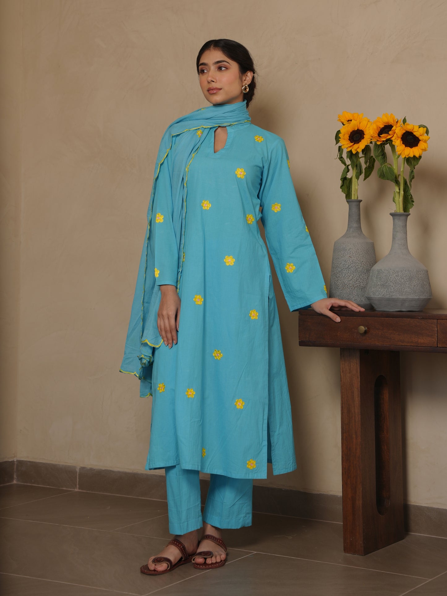 MAPLE SKY COTTON FLORAL EMBROIDERY SUIT SET