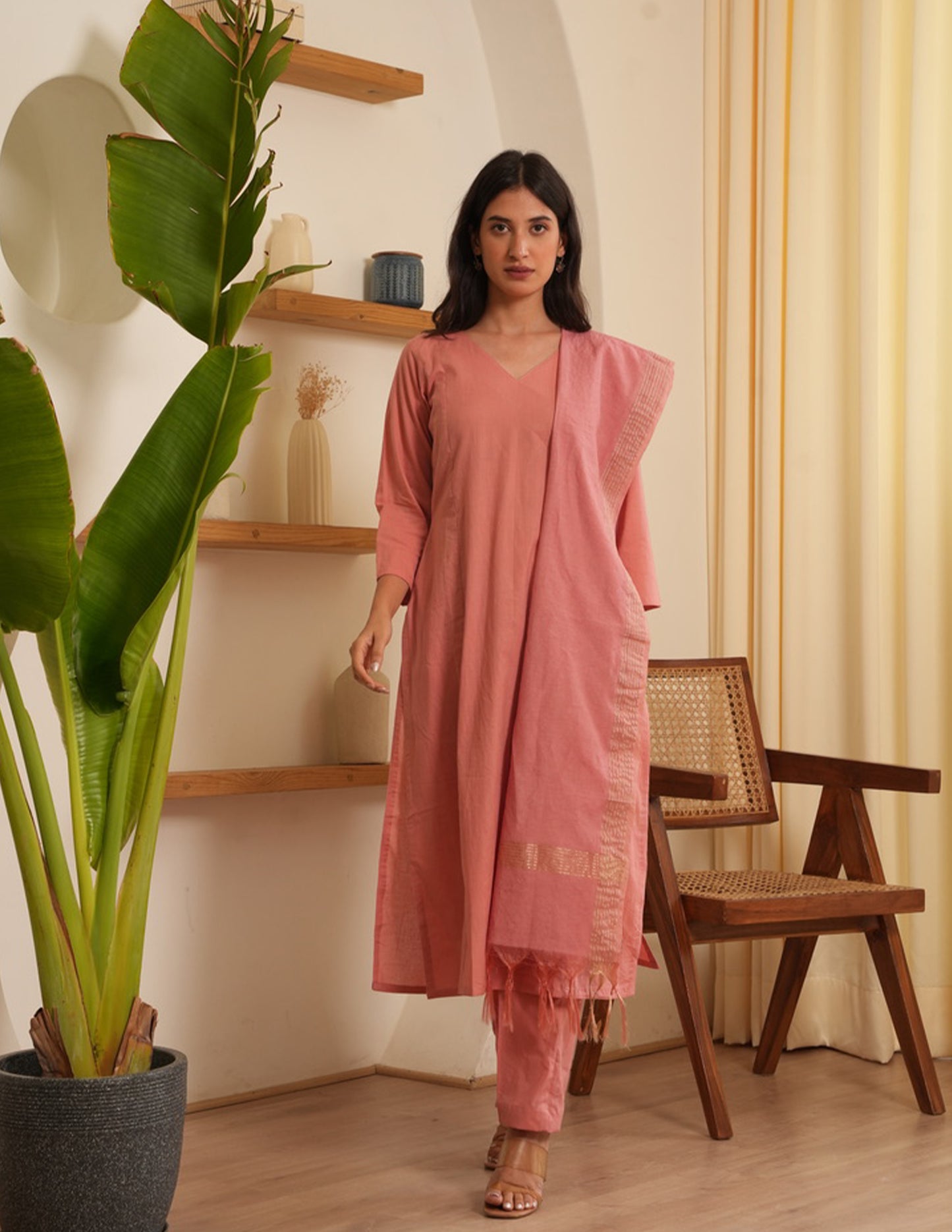 Gia Peach Cotton Straight Suit Set