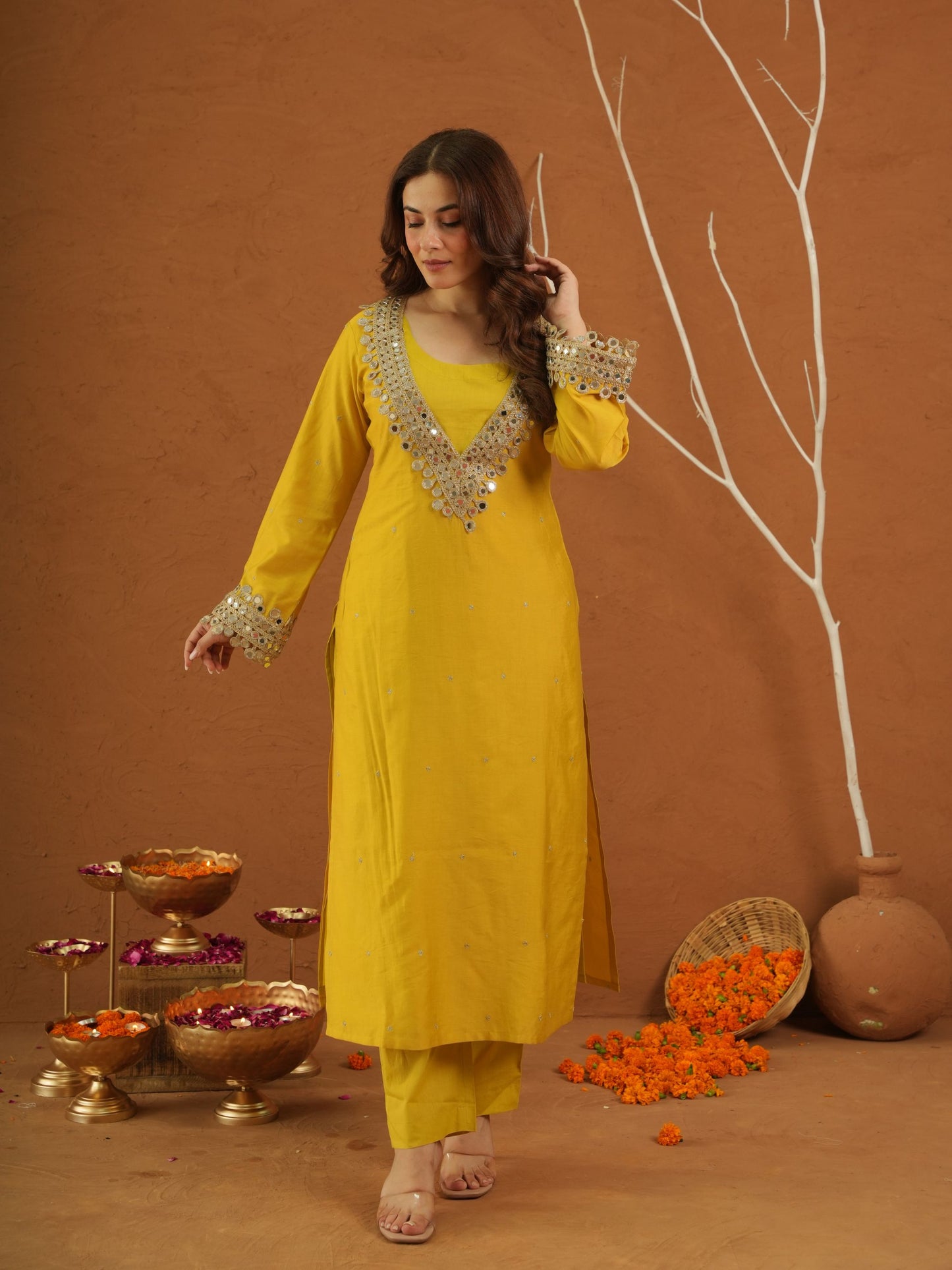 Sheeshmahal Yellow Chanderi Mirrorwork Suit Set