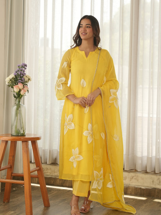 Lemon Yellow Hand Paint Soft Organza Suit Set