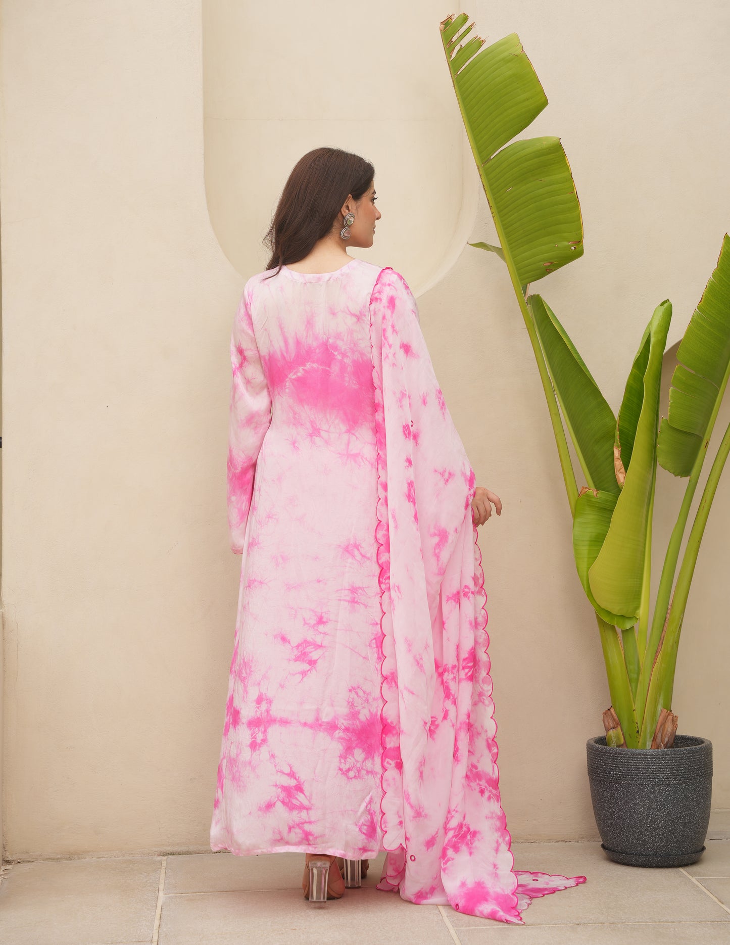 Pink Silk Shibori Mirror Work Staright Suit Set