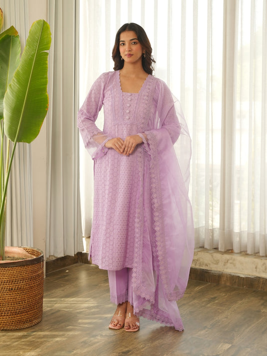 Lavender Schiffli Cotton Kurta Set with Pants & Organza Dupatta