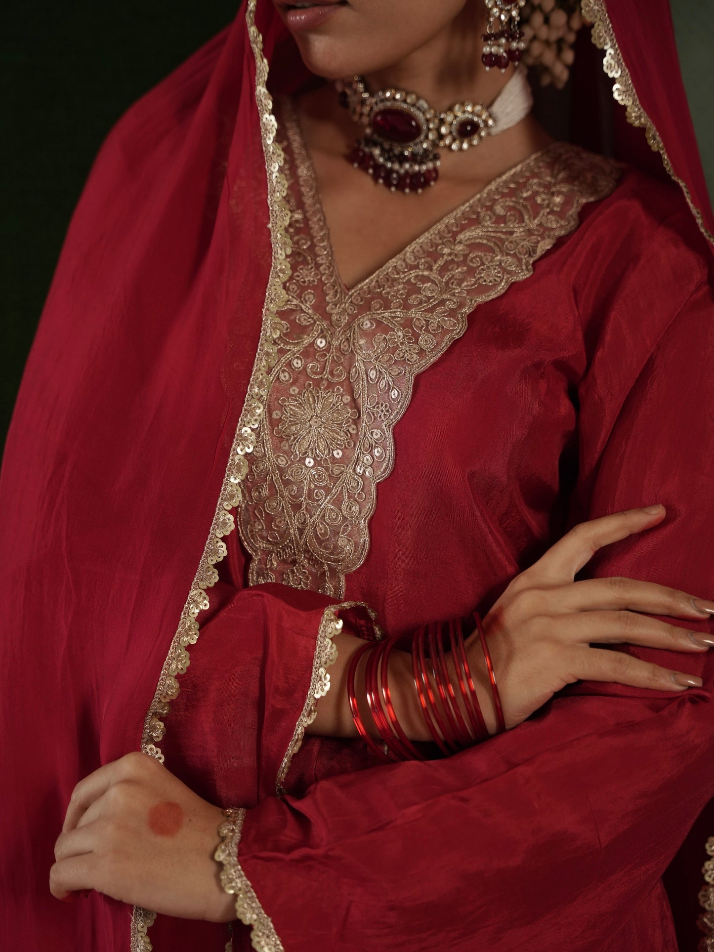 CHAAND DARK RED SILK ZARIWORK SUIT SET