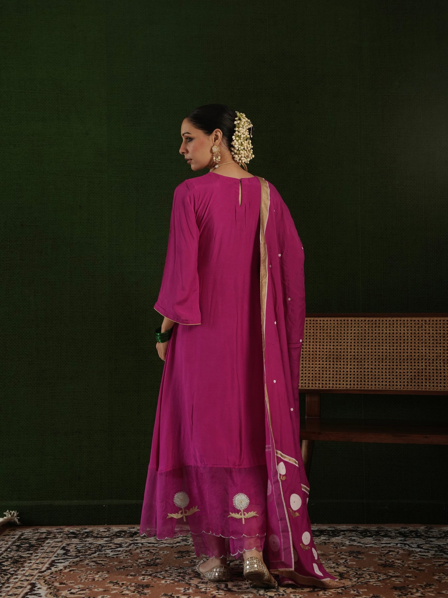 CHAAND DARK PINK MASLIN EMBROIDERY SUIT SET WITH BLOCKPRINT DUPATTA
