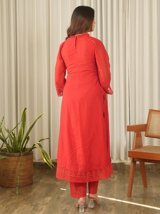 Crimson Red Aari Embroidered Chanderi Suit Set