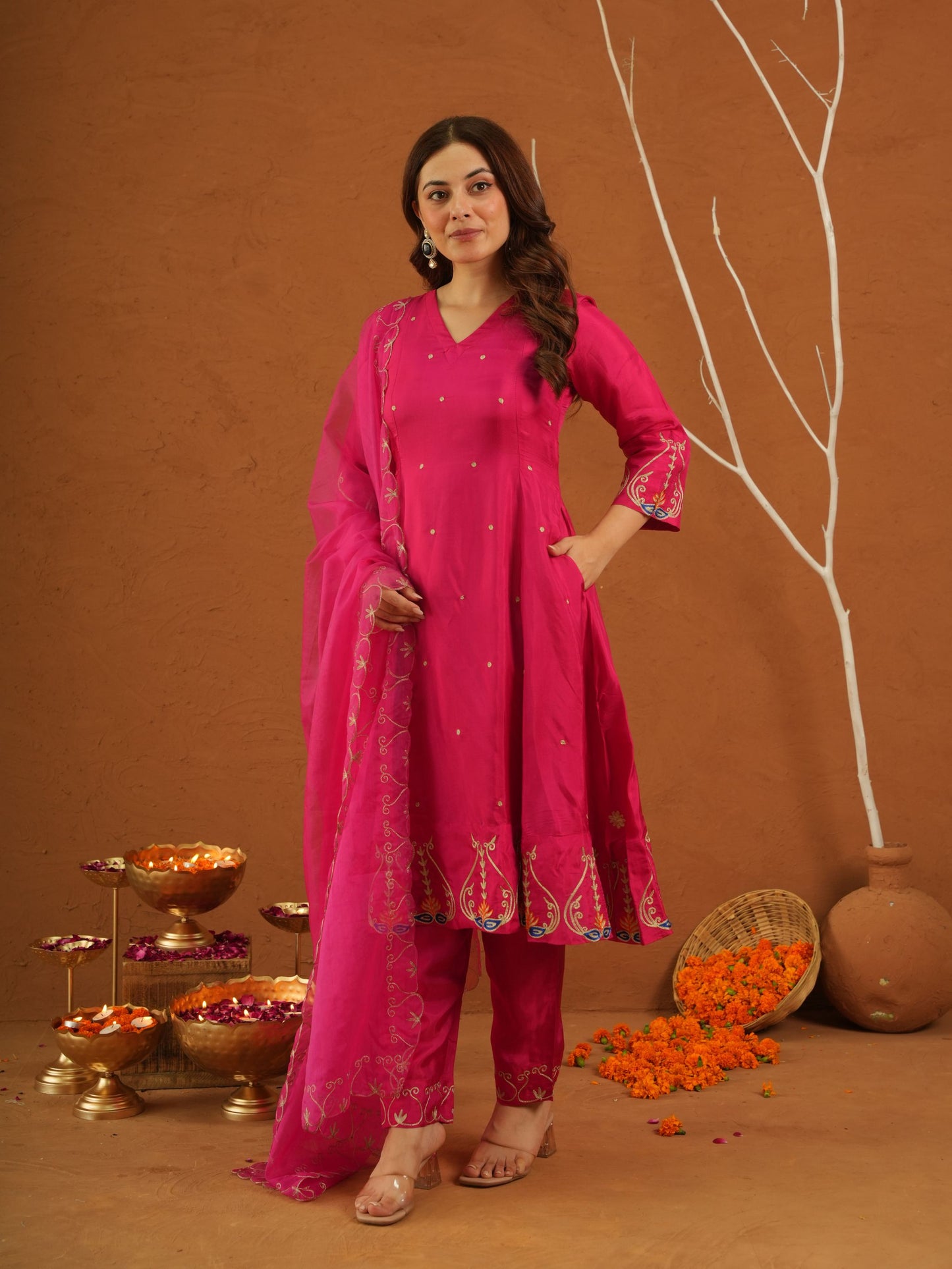 Sunehri Pink Silk Aariwork Suit Set