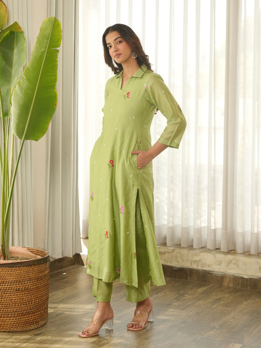 Pistachio Green Embroidered Chanderi Kurta Set with Pants