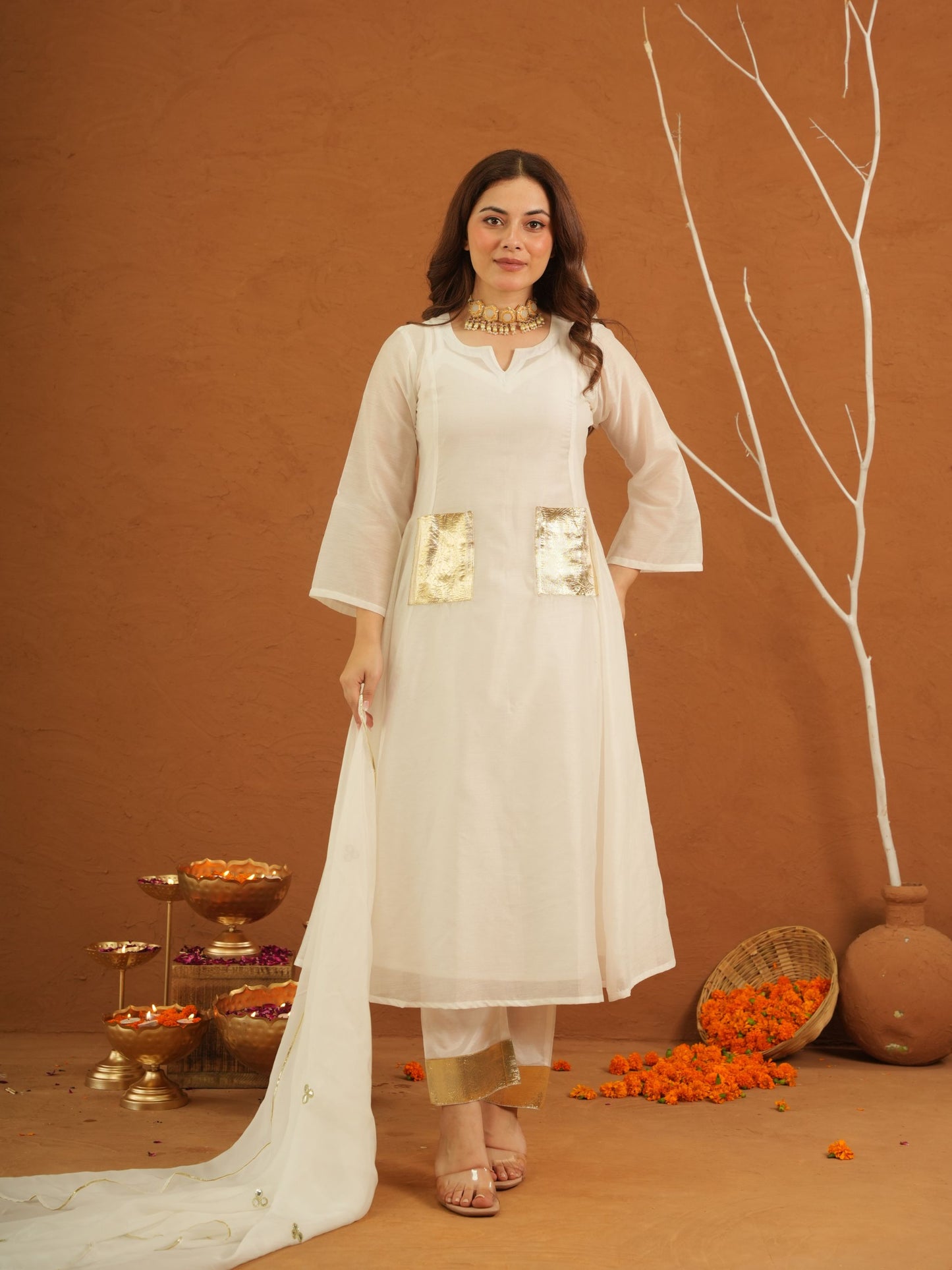 Apsaara White Chanderi Gota Suit Set