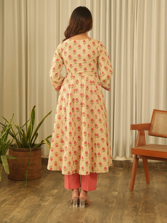 Beige Floral Angrakha Screen Print Kurta Set with Pant & Dupatta