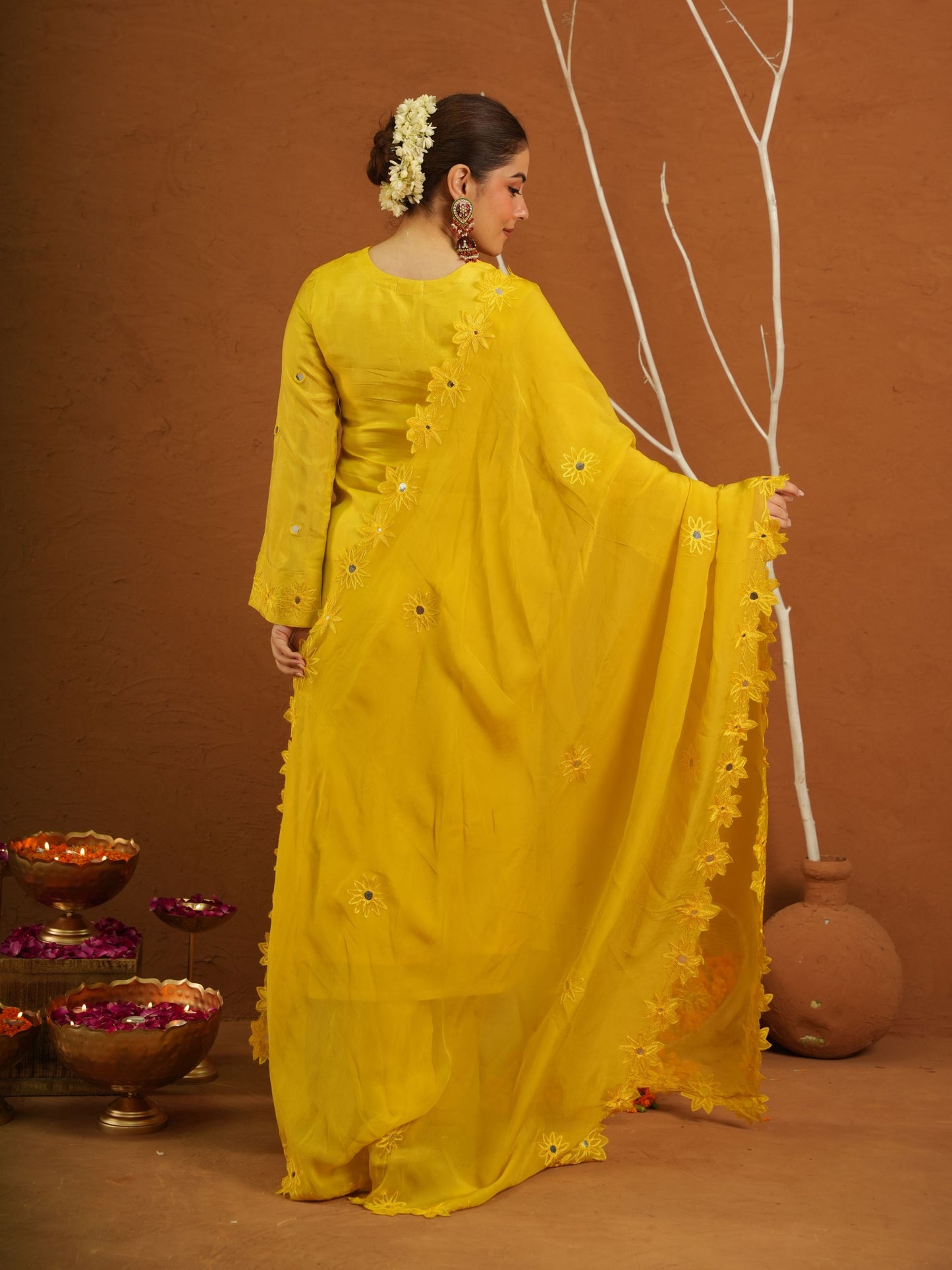 Hayaat Yellow Silk Mirrorwork Suit Set