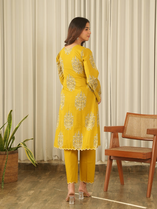 Mustard Bloom Screen Print Cotton Suit Set
