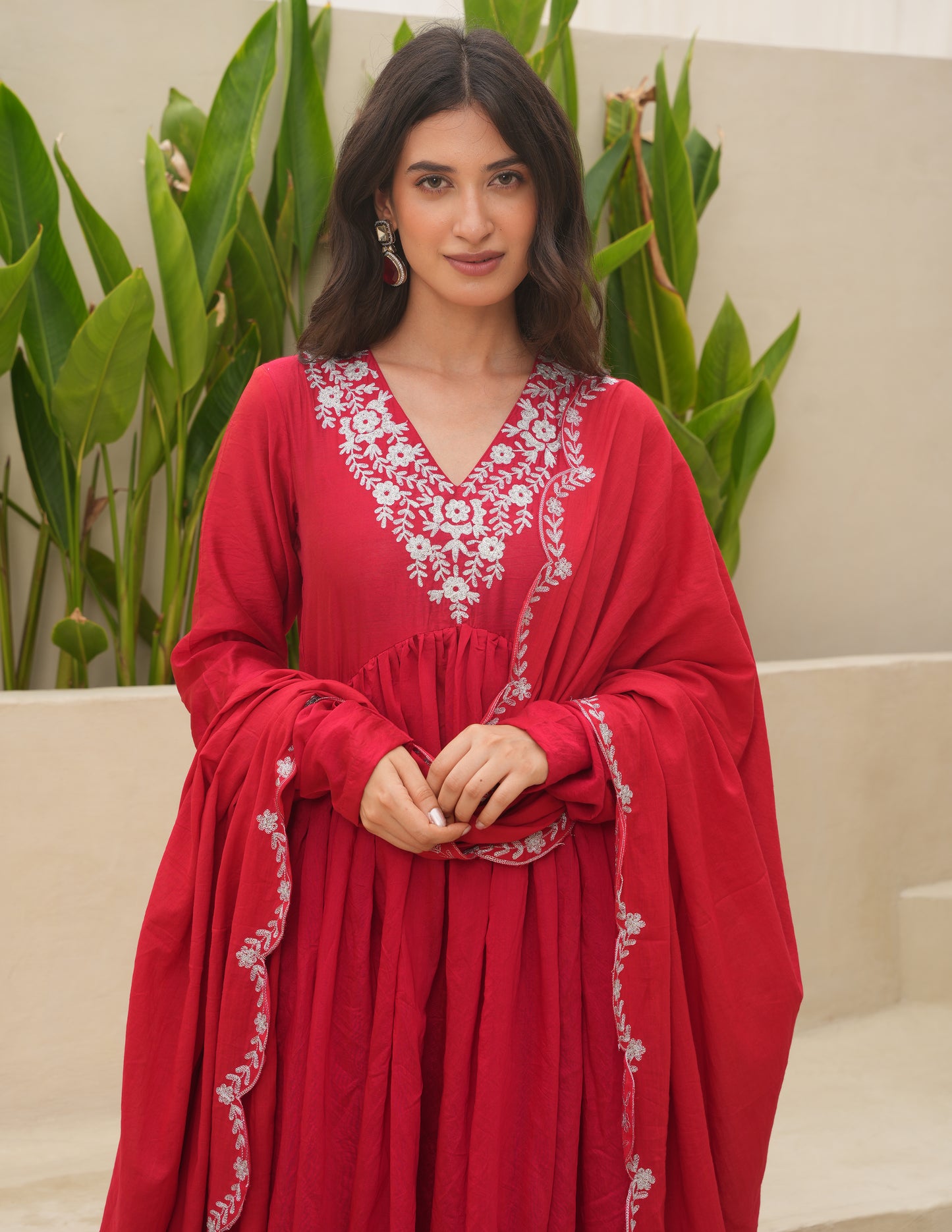 Red Chanderi Aari Embroidered Suit Set