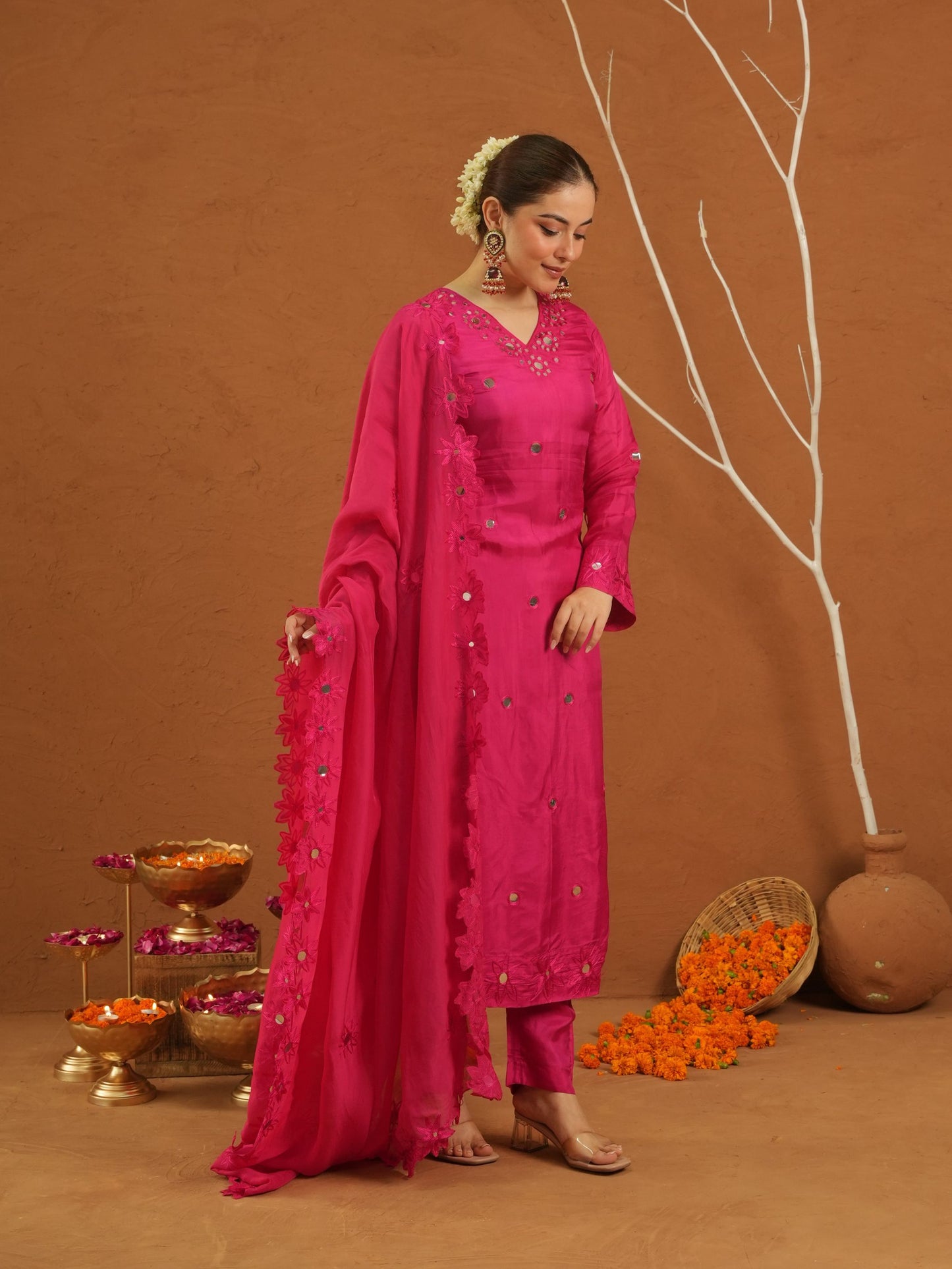 Nazakat Pink Silk Mirrorwork Suit Set