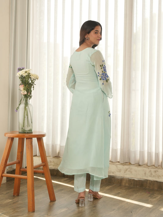 Mint Blossom Handpainted Organza Suit Set
