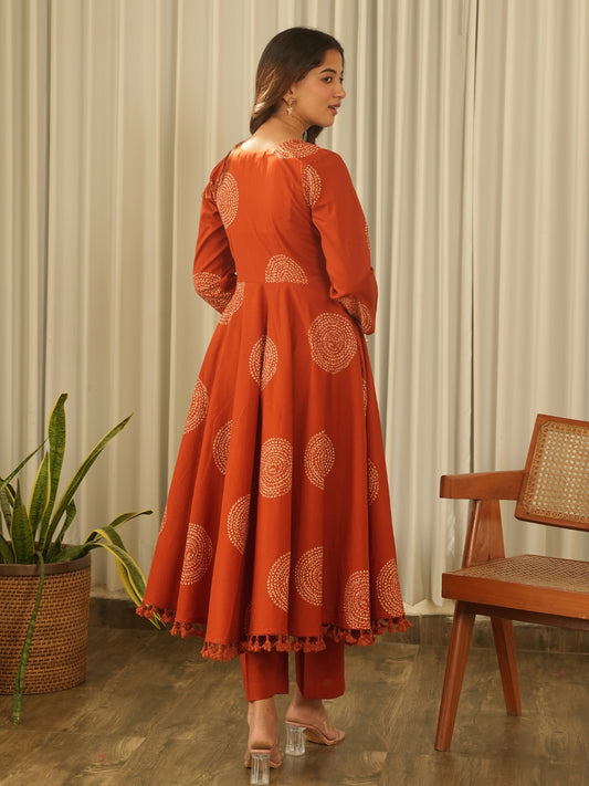 Rust Orange Cotton Screen Print Kurta Set with Pant & Dupatta