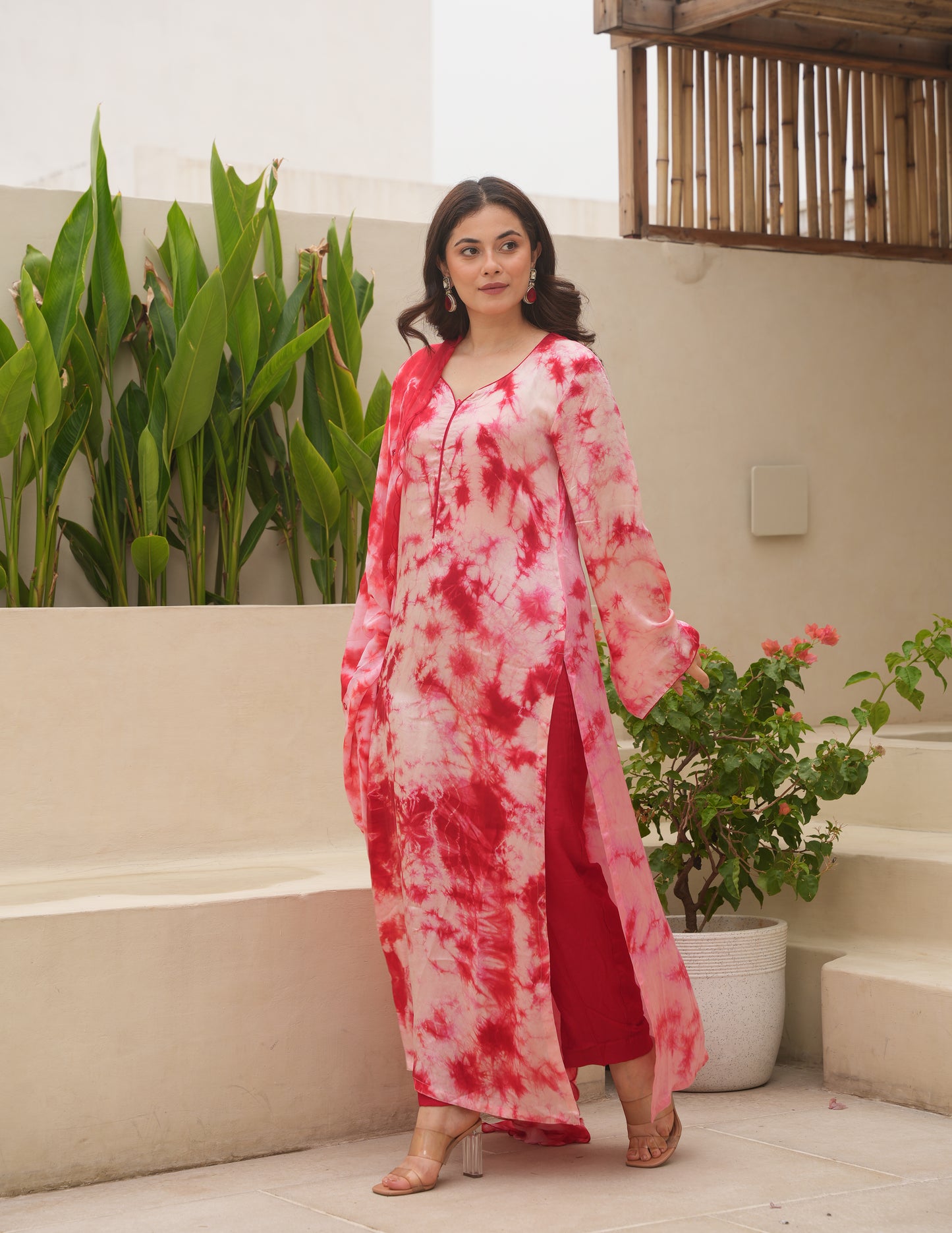 Red Silk Shibori Mirror Work Staright Suit Set
