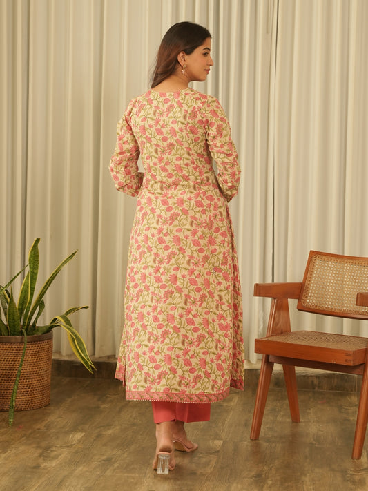 Peach Floral Screen Print Kurta Set with Pant & Dupatta