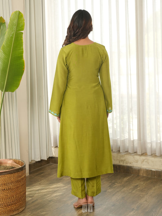 Olive Green Floral Embroidered Muslin Kurta Set with Pants