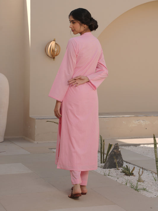 PEONY PINK COTTON FLORAL EMBROIDERED SUIT SET