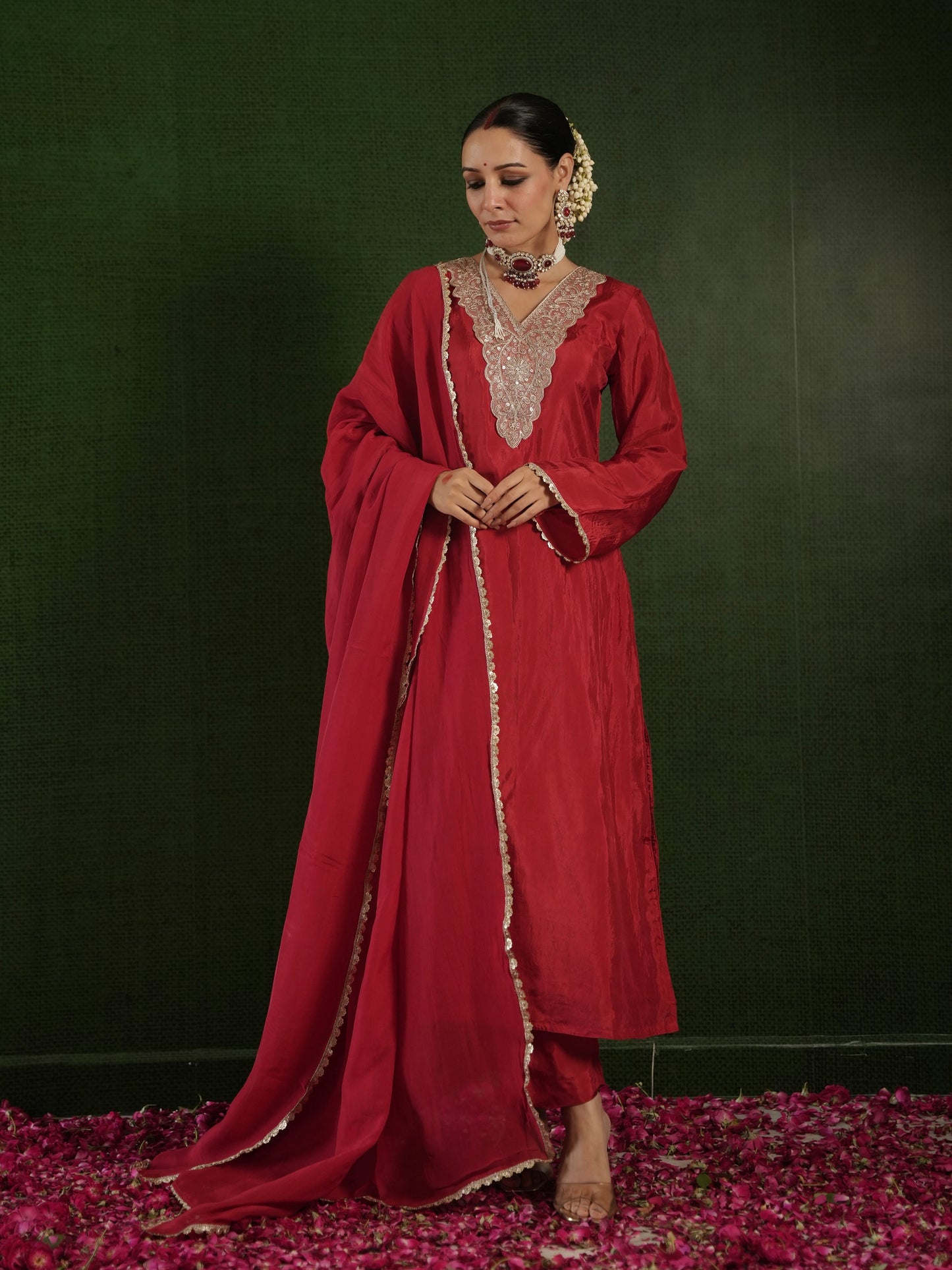 CHAAND DARK RED SILK ZARIWORK SUIT SET