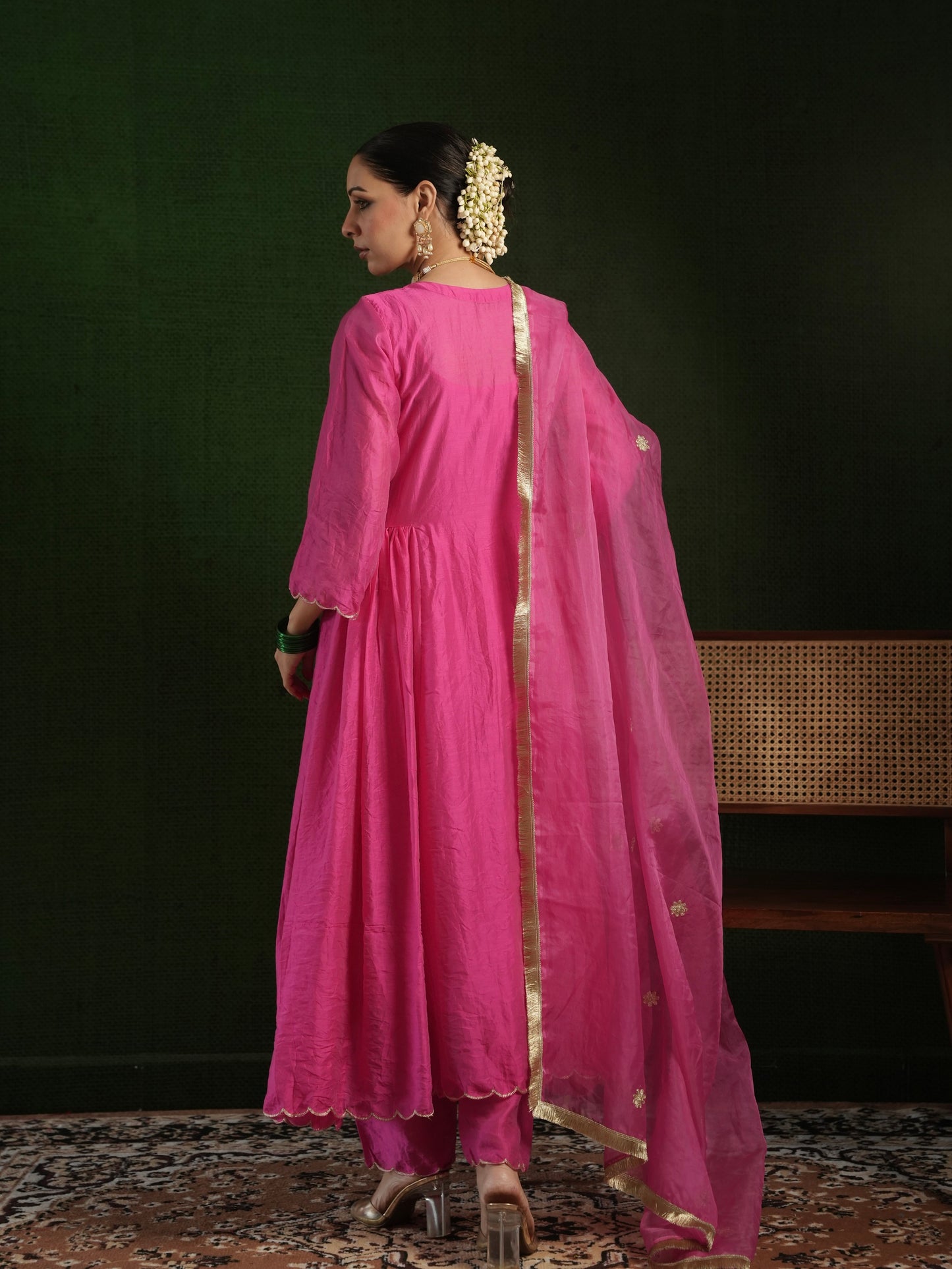 CHAAND BERRY PINK CHANDERI CUTWORK EMBROIDERED SUIT SET