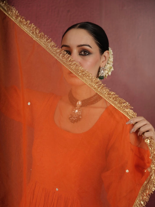 CHAAND ORANGE SILK GATHERED AARIWORK SUIT SET