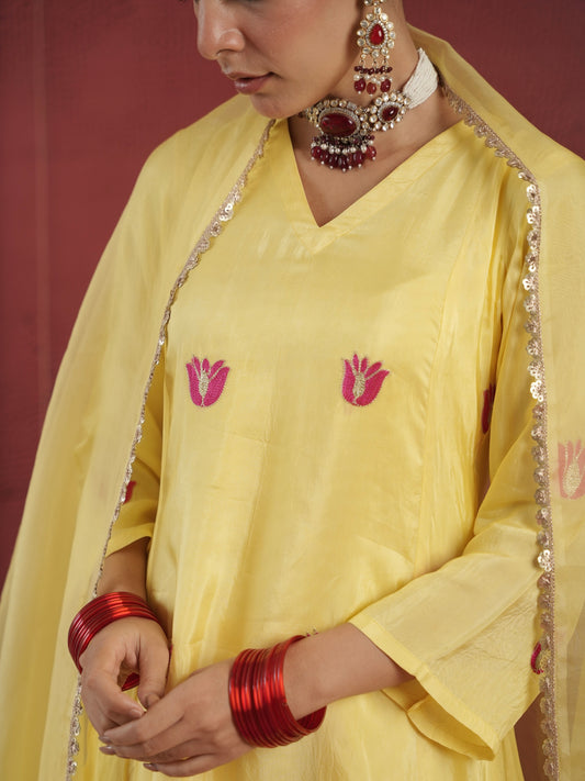CHAAND YELLOW SILK AARI EMBROIDERY FLORAL SUIT SET