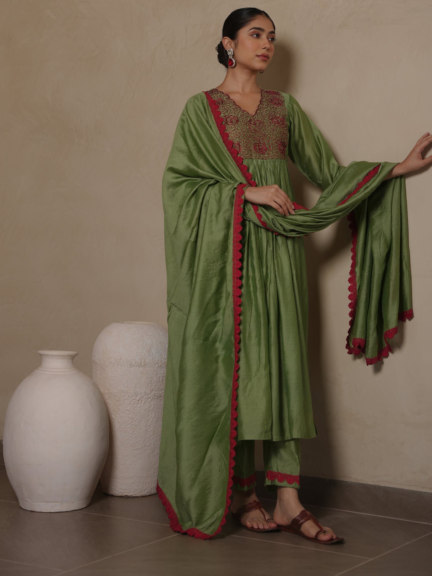 GAZANIA GREEN CHANDERI AARIWORK SUIT SET