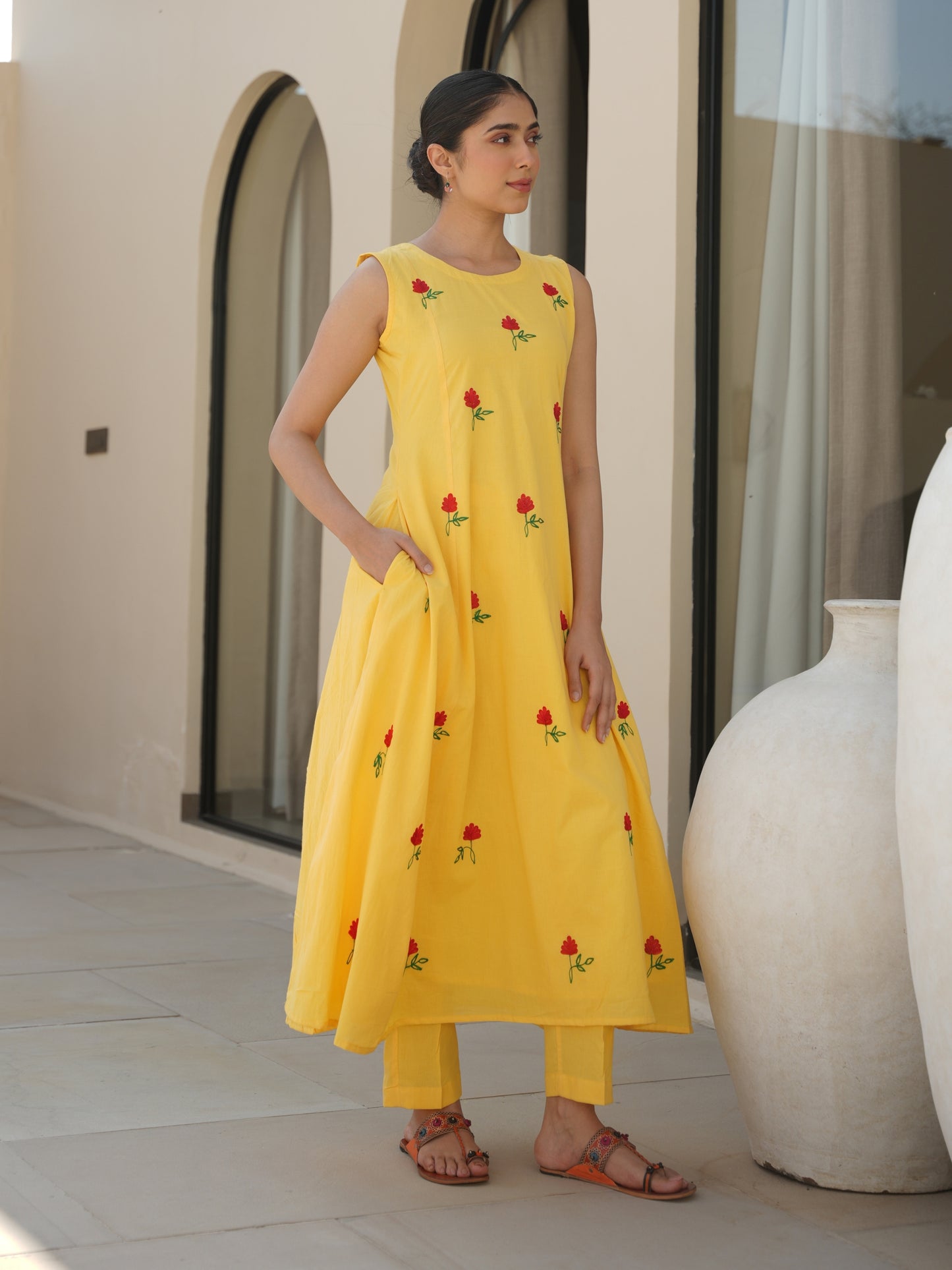 CLOVER YELLOW COTTON FLORAL EMBROIDERY SUIT SET
