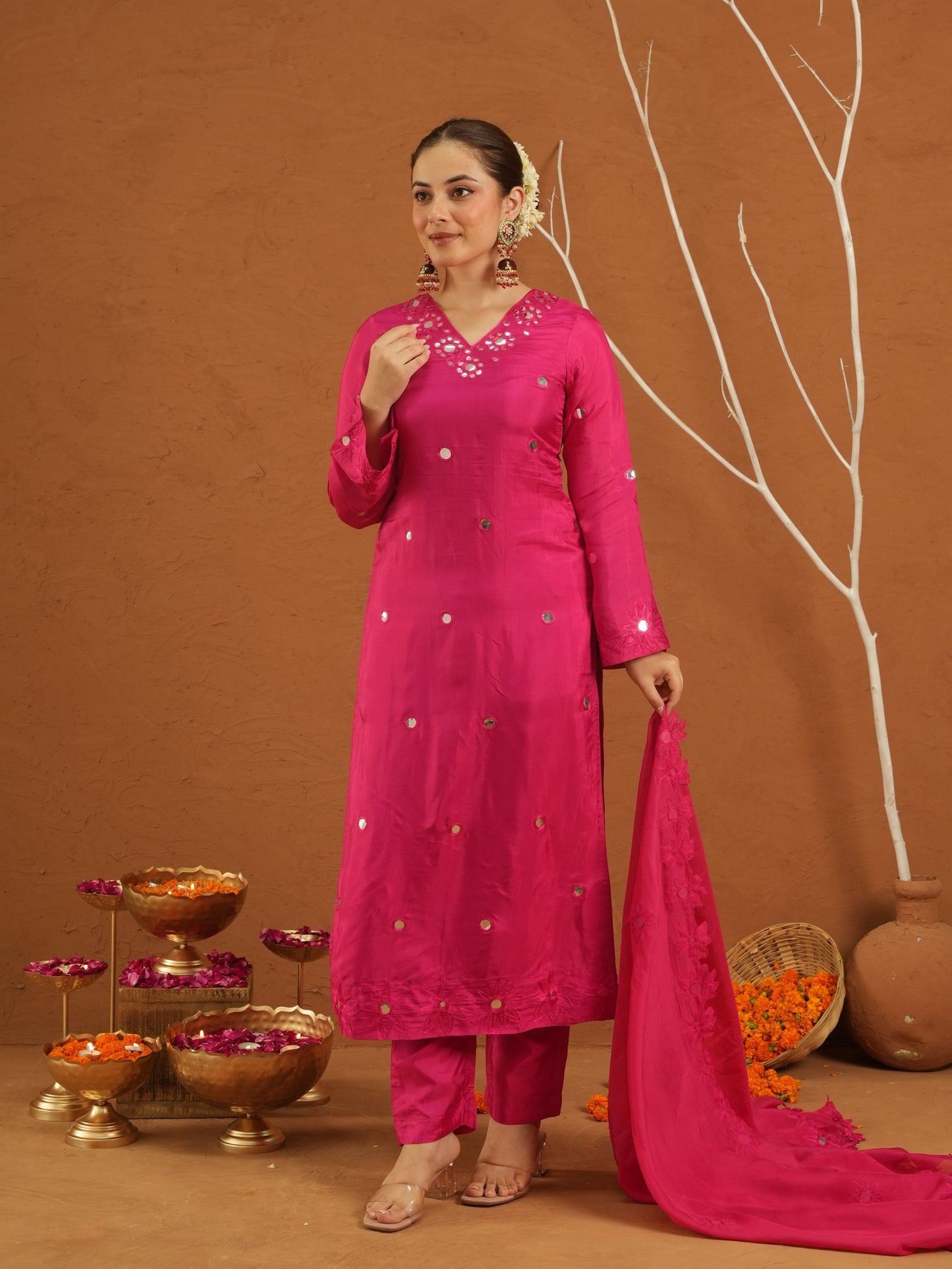 Nazakat Pink Silk Mirrorwork Suit Set