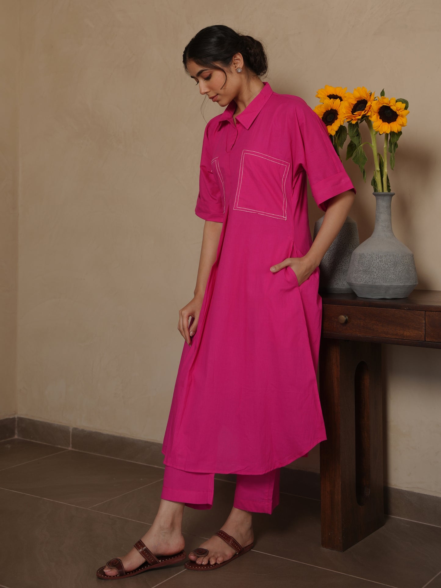 BEE PINK COTTON SUIT SET WITH BLOCK PRINT DUPATTA