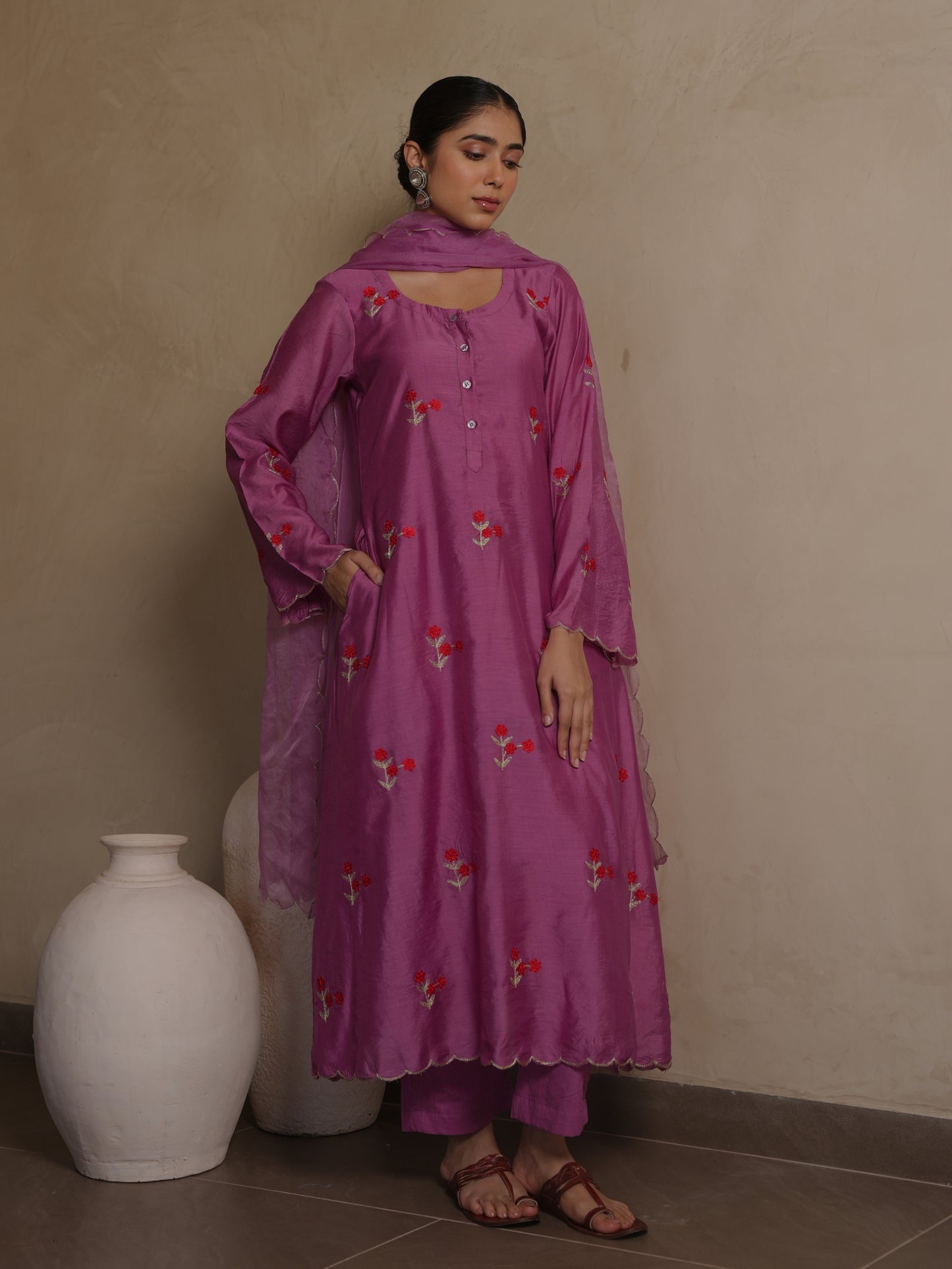 PETUNIA PLUM CHANDERI EMBROIDERY SUIT SET