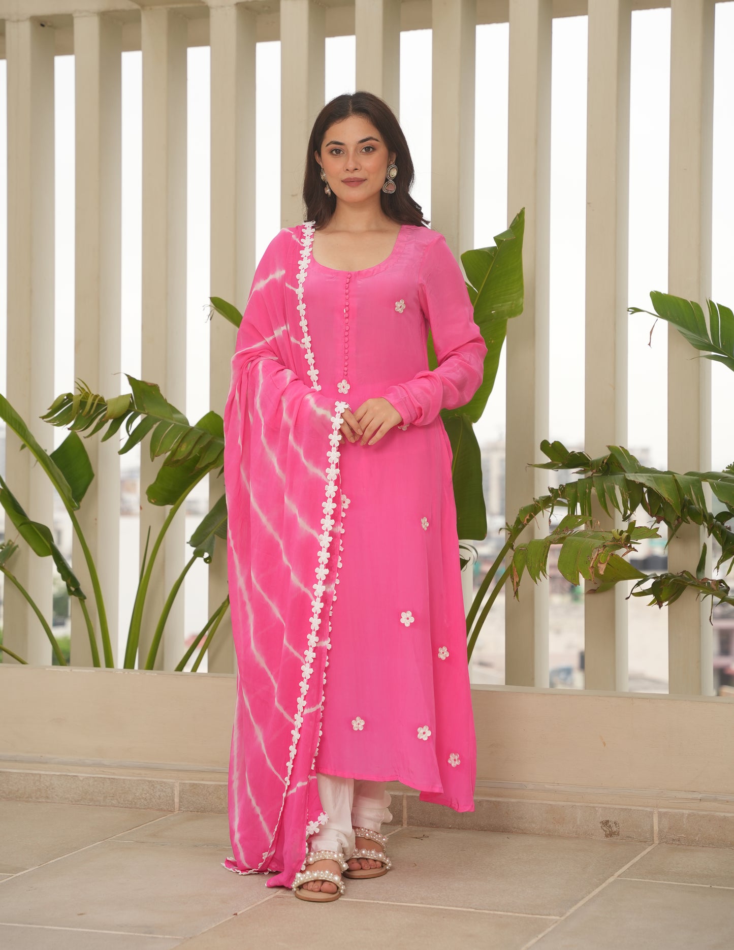 Pink Silk Embroidered Leheriya Suit Set