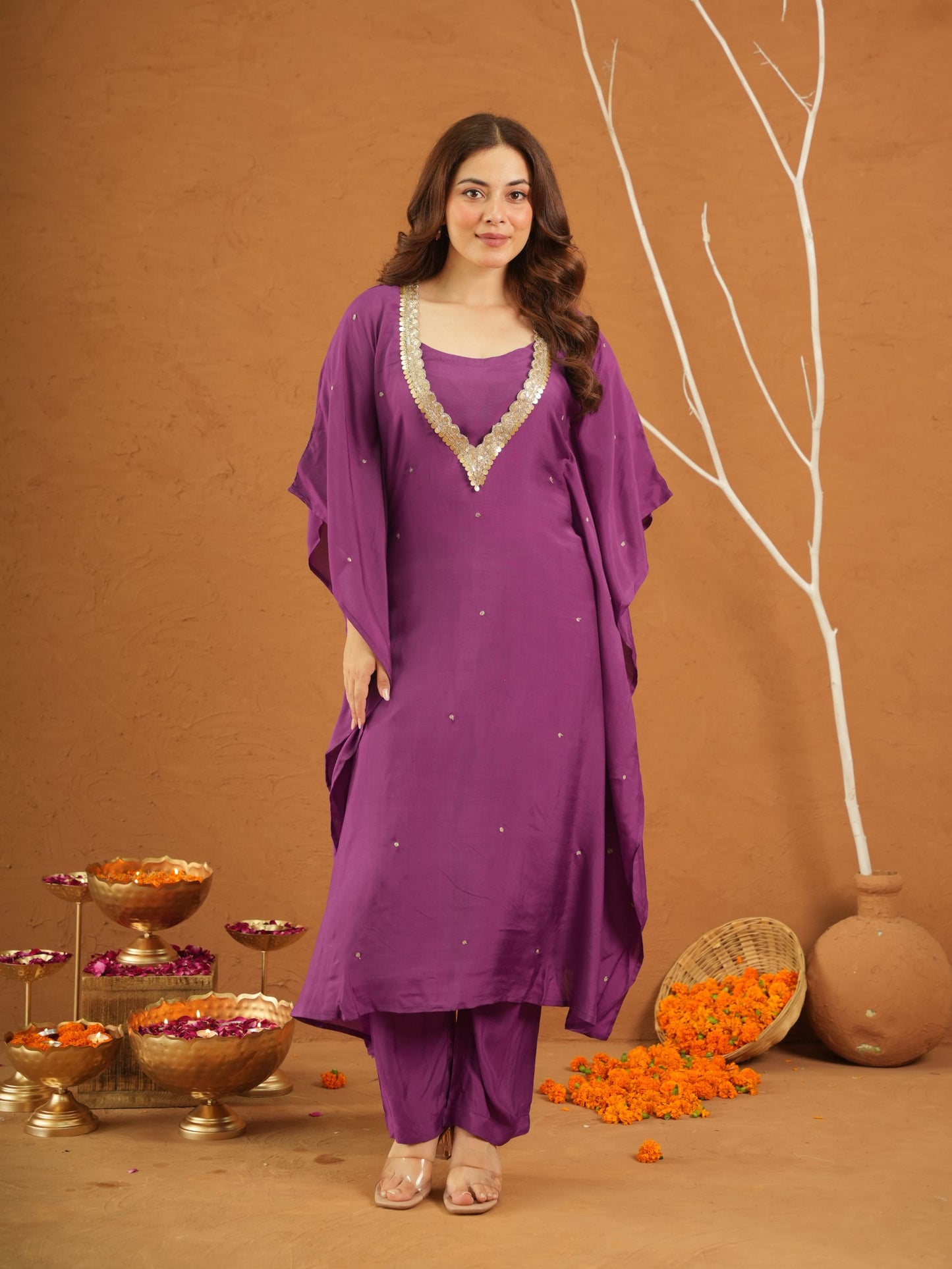 Kohinoor Purple Maslin Aari Kaftan Set