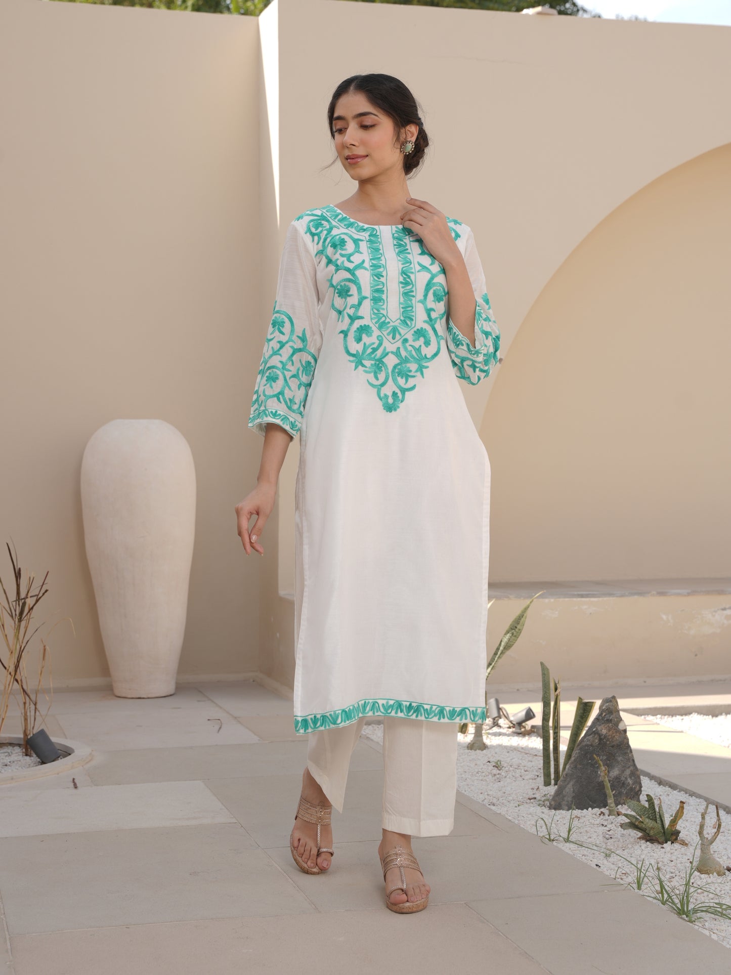SNOWY WHITE CHANDERI EMBROIDERED SUIT SET