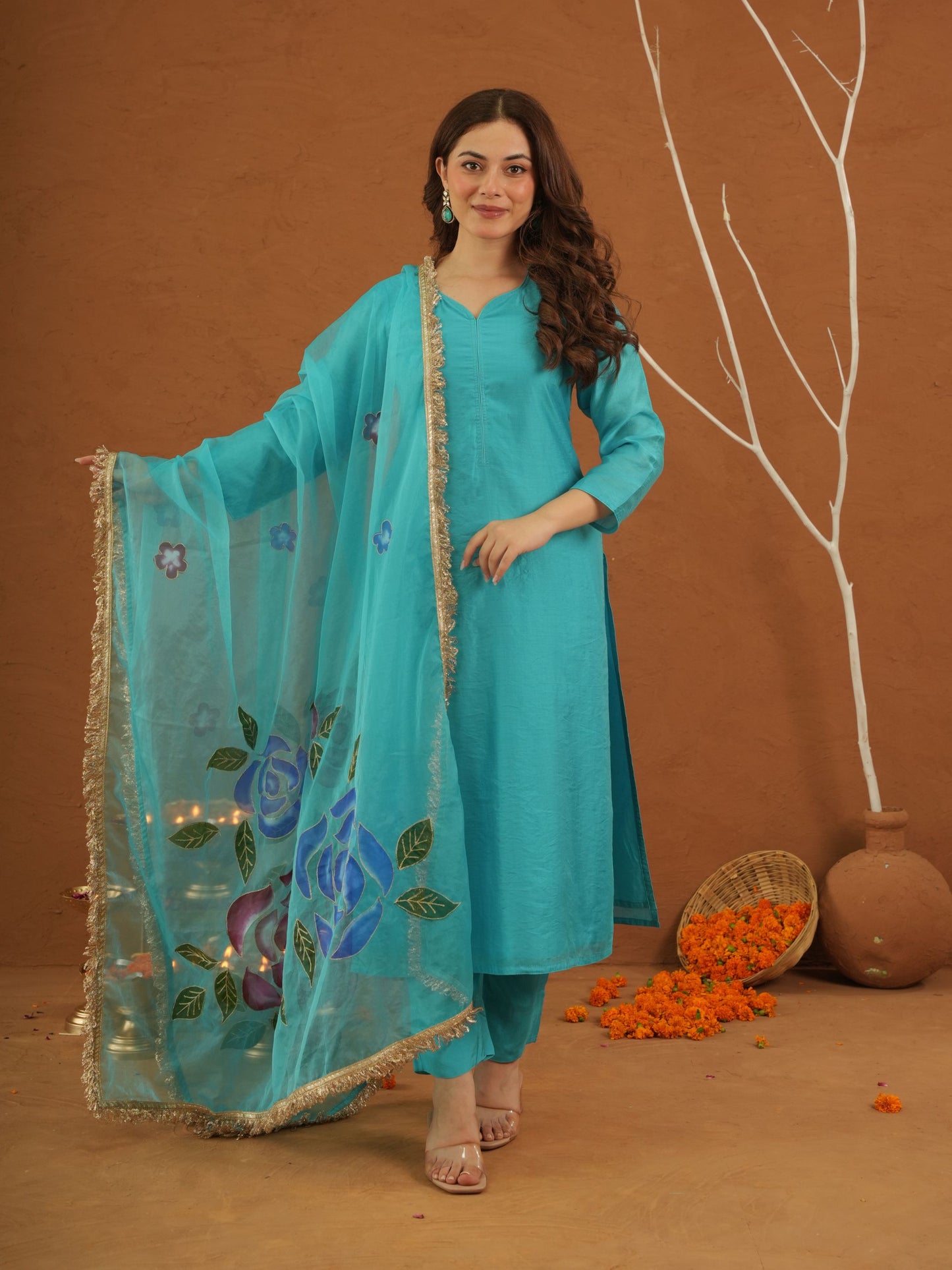 Mayaaz Sky Chanderi With Handpaint Dupatta