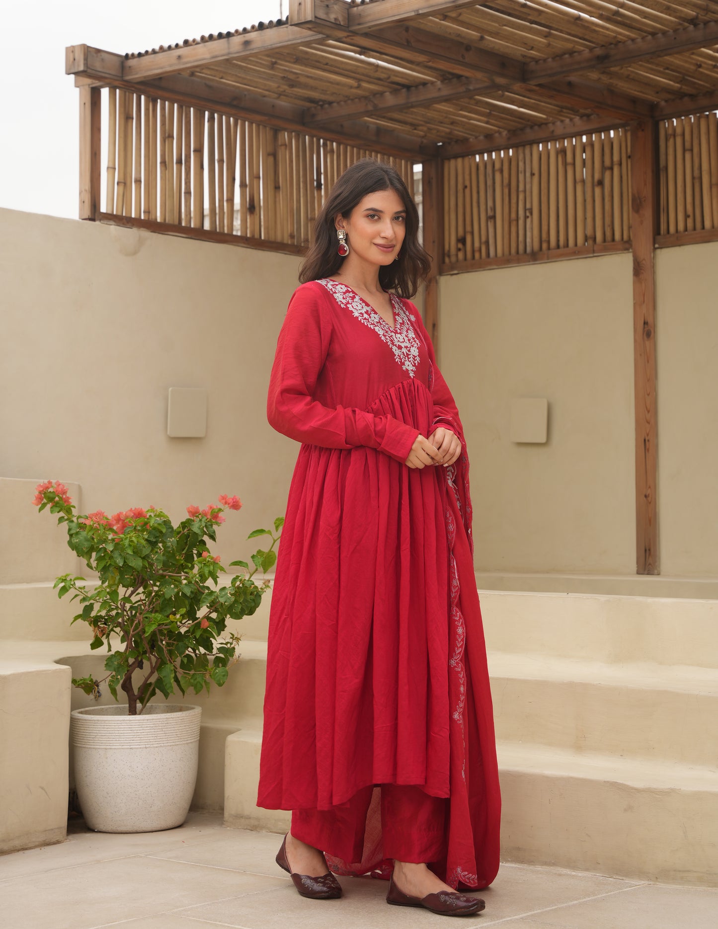 Red Chanderi Aari Embroidered Suit Set