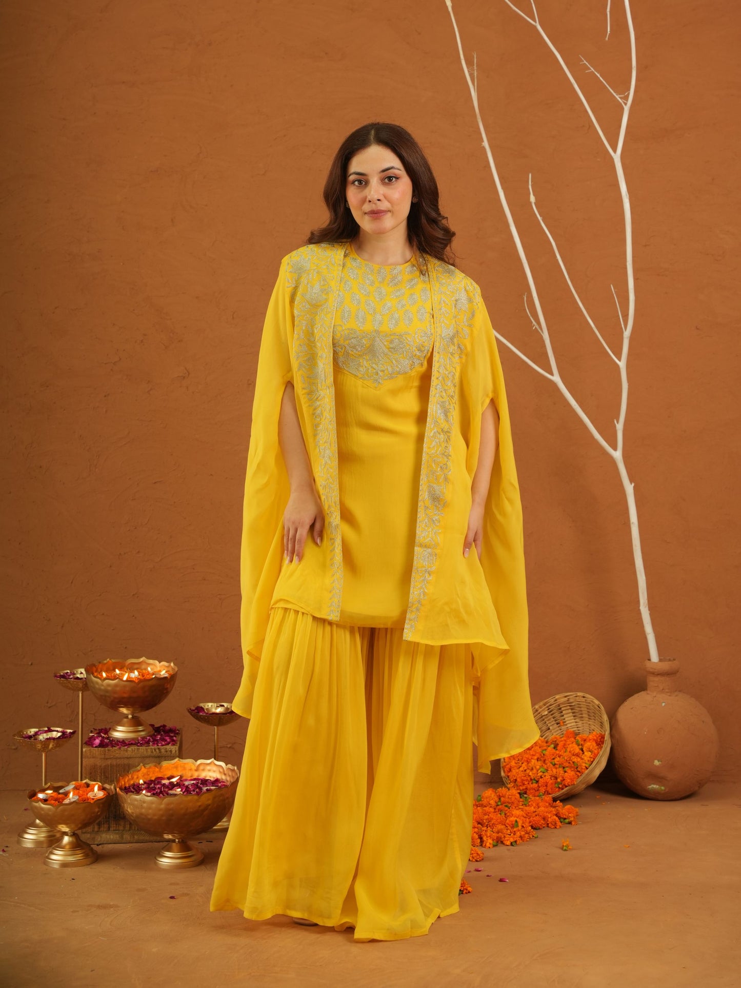 Parizet Yellow Zariwork Sharara Jacket Set