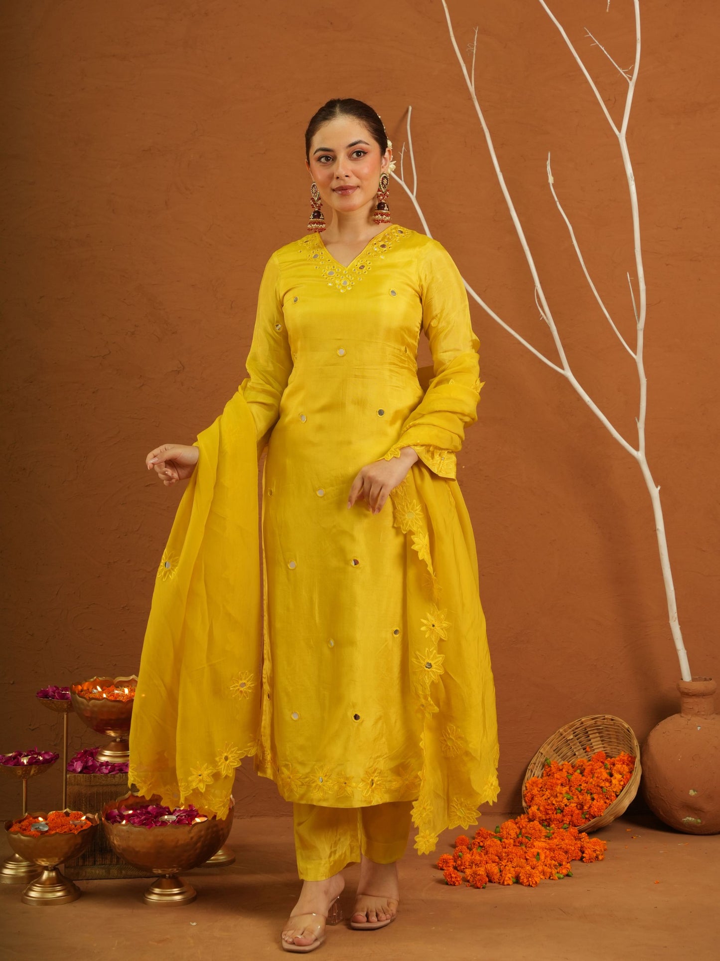 Hayaat Yellow Silk Mirrorwork Suit Set