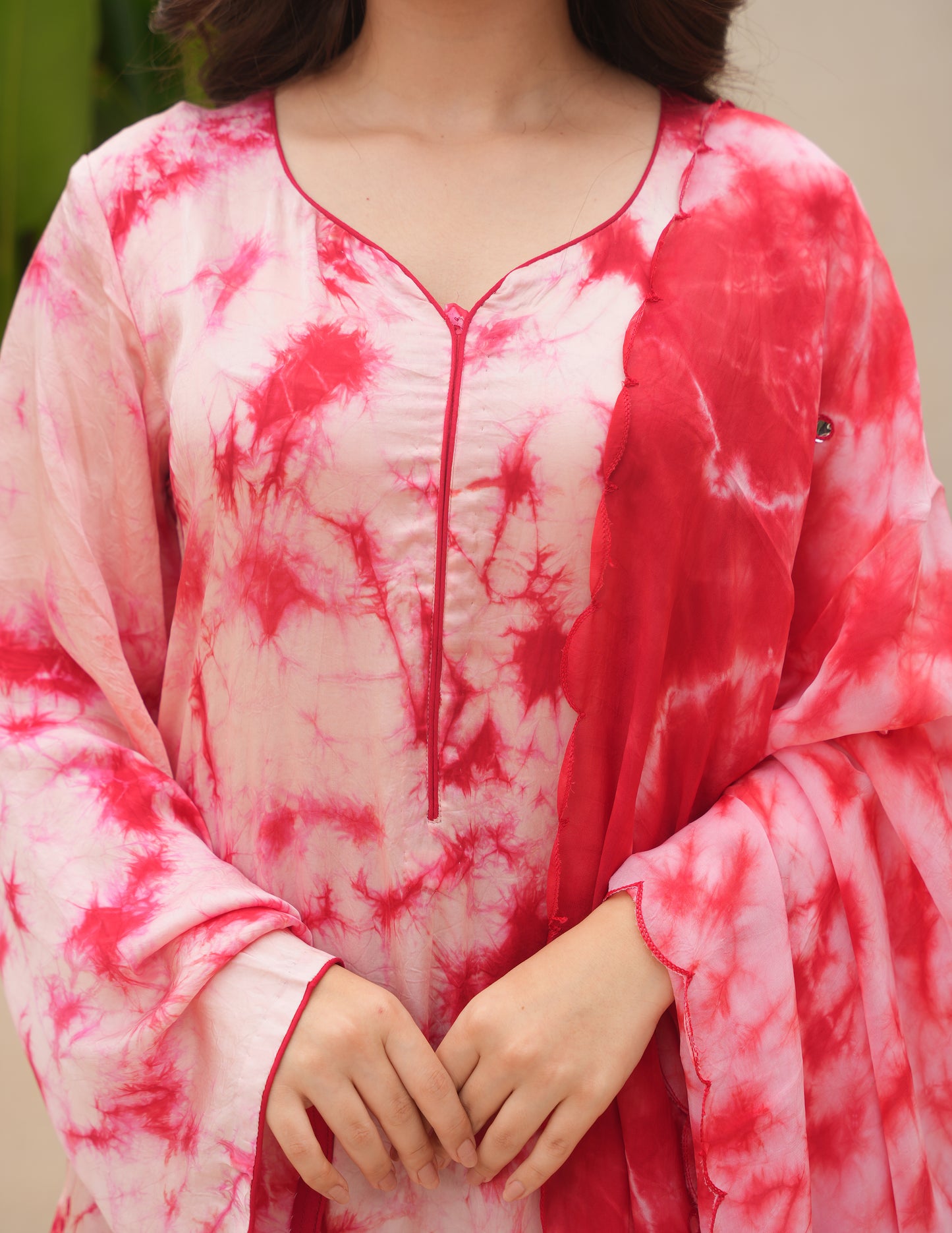 Red Silk Shibori Mirror Work Staright Suit Set