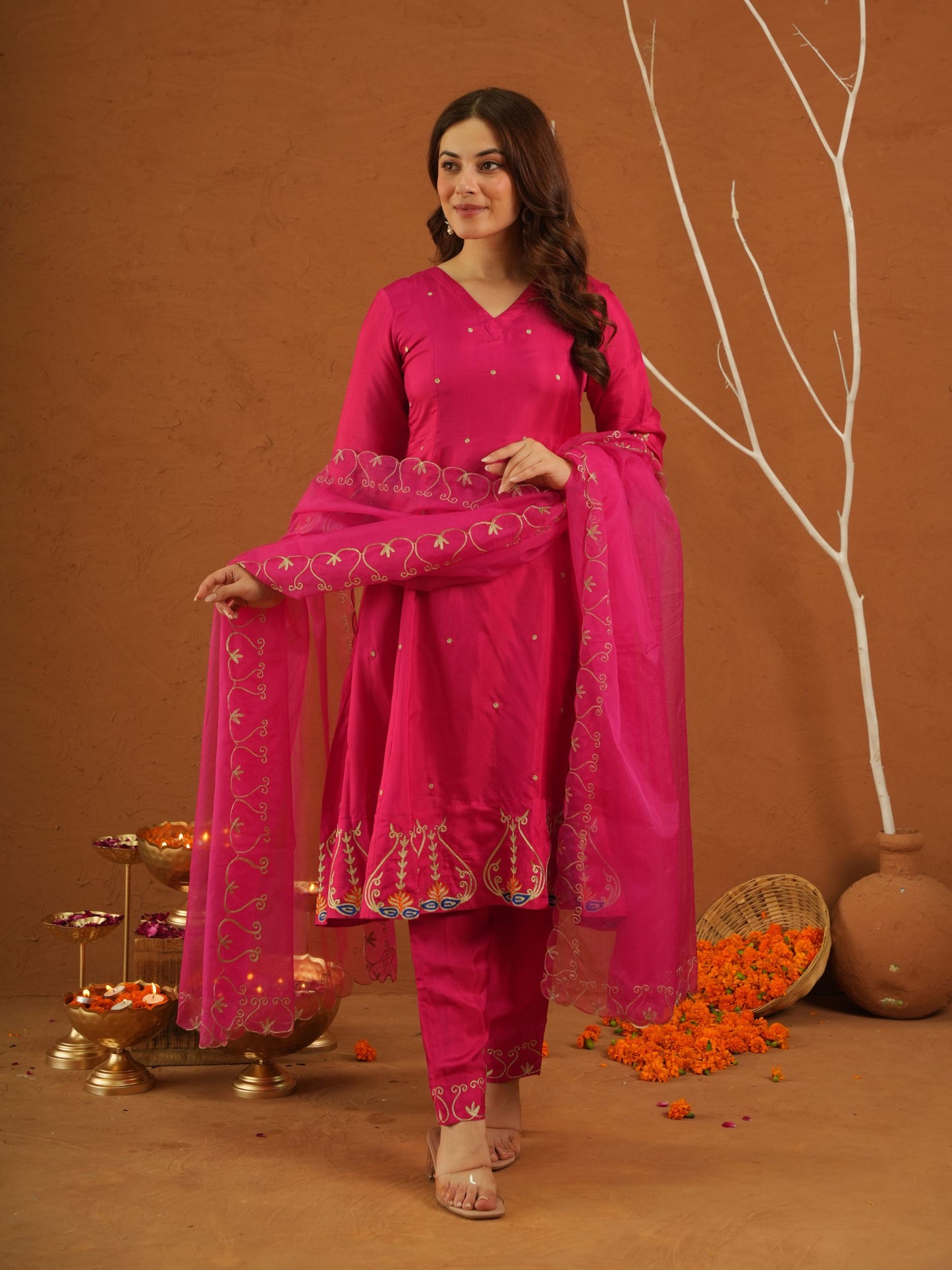 Sunehri Pink Silk Aariwork Suit Set