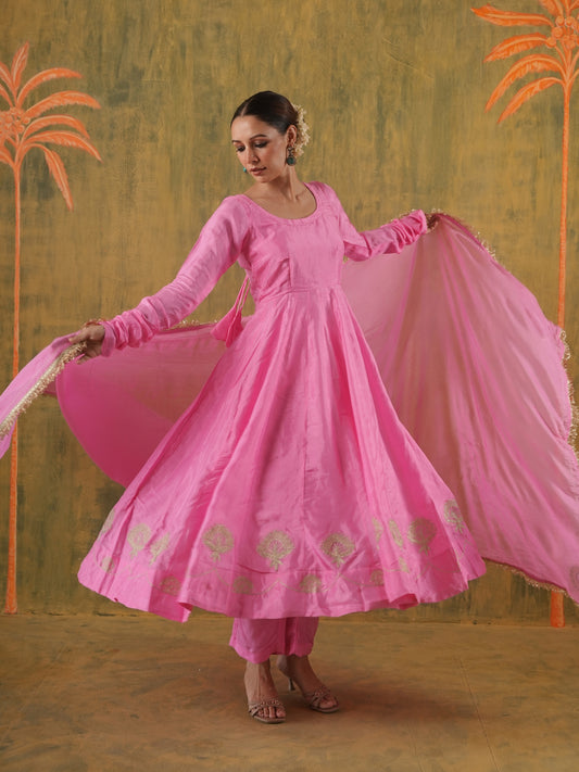 Rani Gulrukh Blush Pink Embroidered Silk Anarkali Set