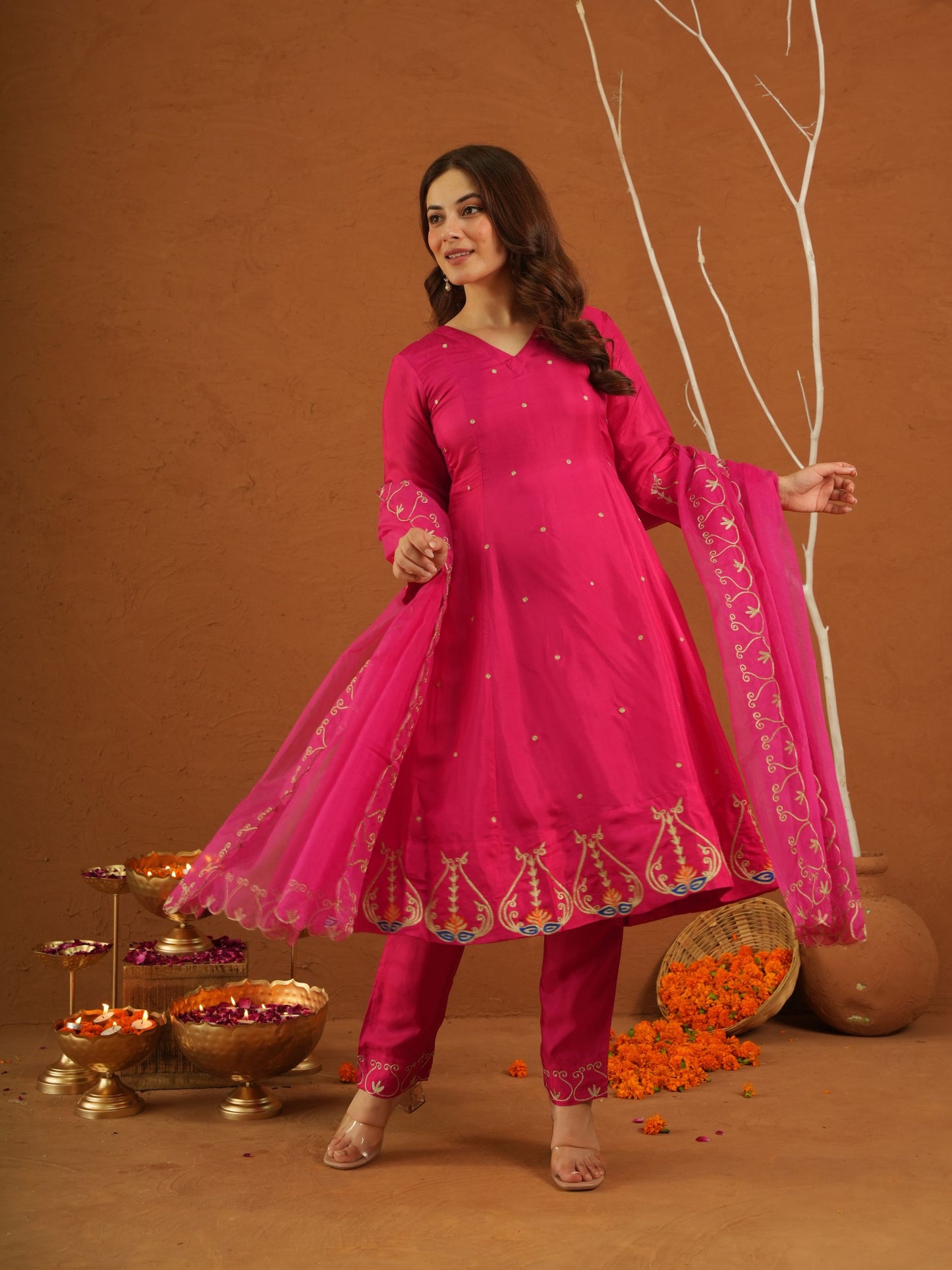 Sunehri Pink Silk Aariwork Suit Set