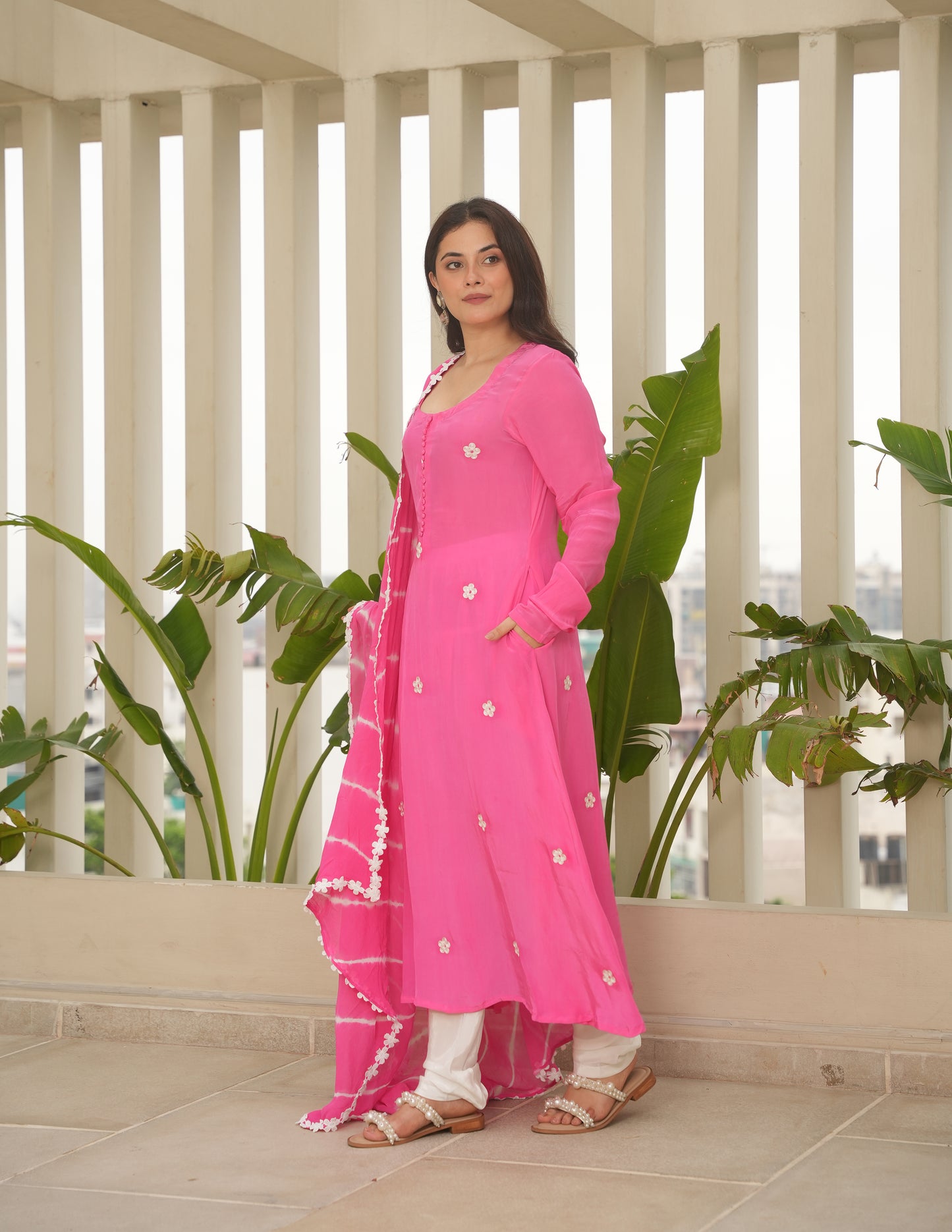 Pink Silk Embroidered Leheriya Suit Set